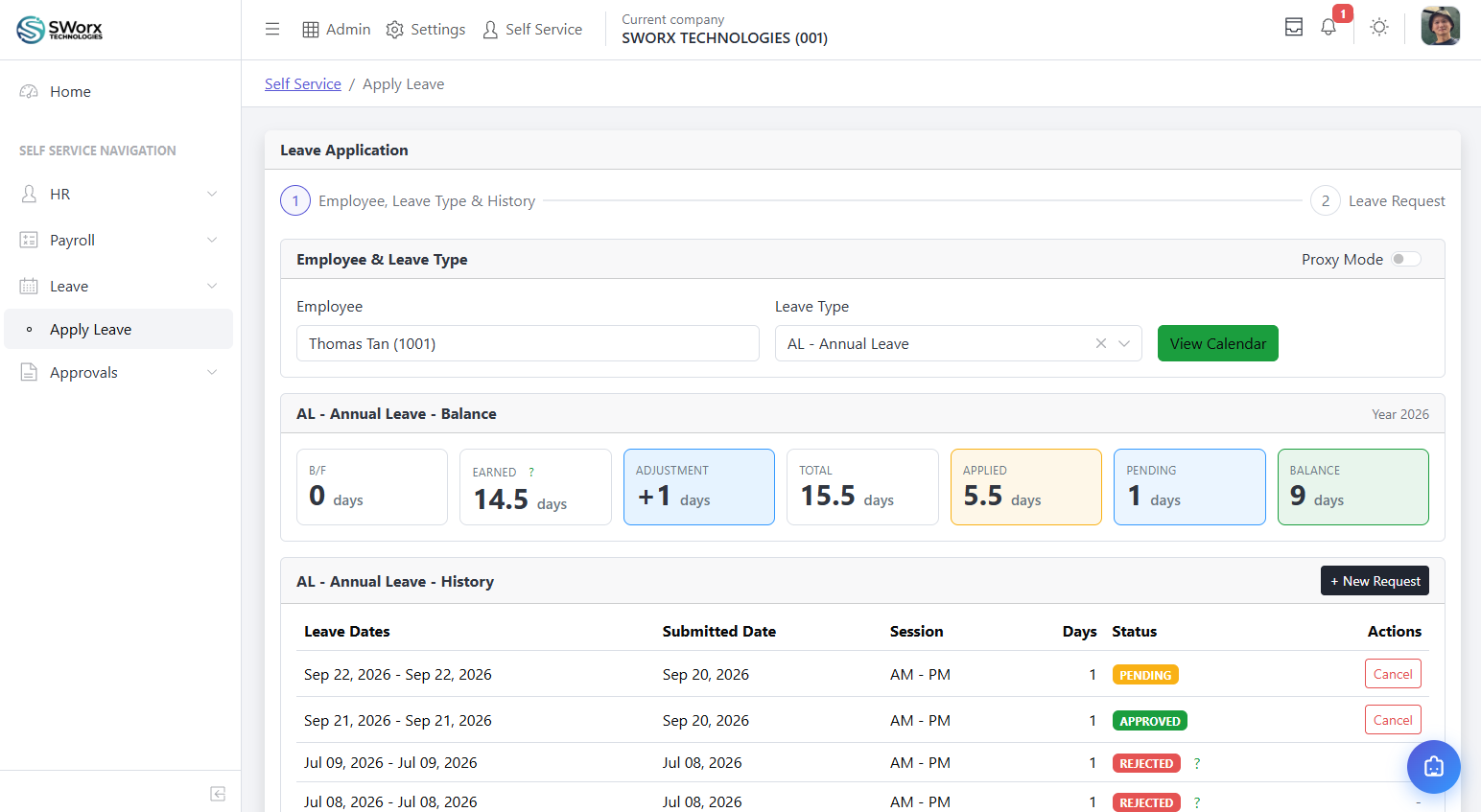 SWORX leave screen showing entitlements, balances and request statuses