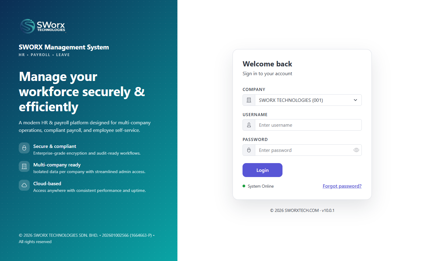 SWORX Management System login screen