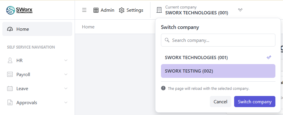 SWORX company switcher showing company search and selection between SWORX Technologies and SWORX Testing